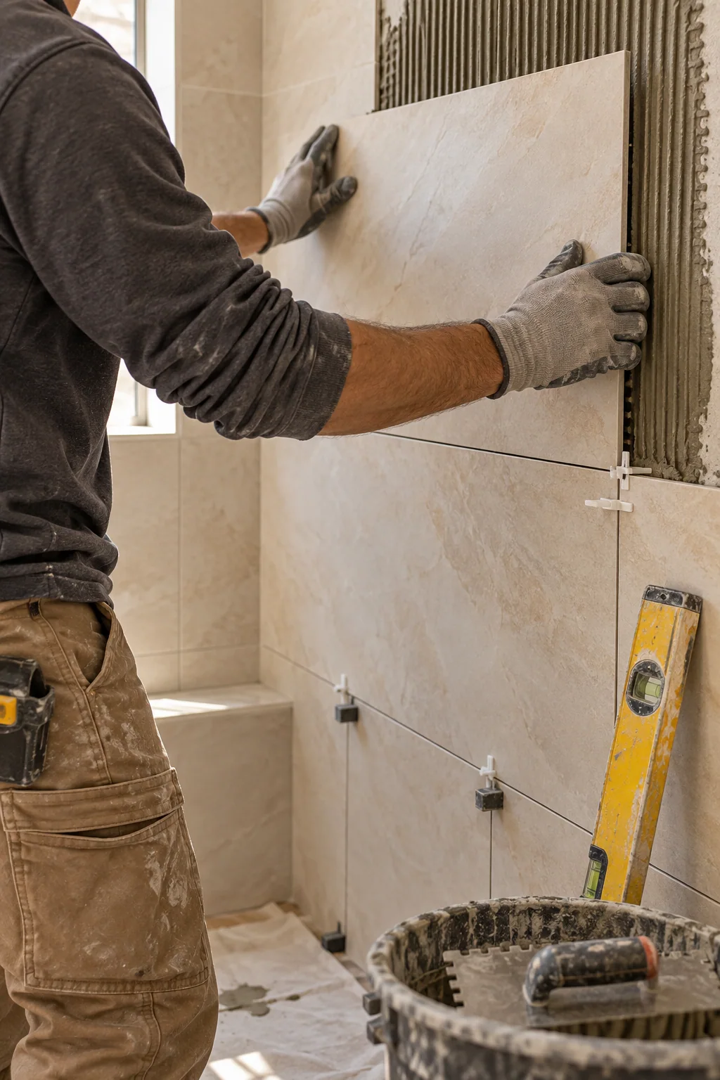 Instalador alineando un azulejo de gran formato durante una remodelación residencial, fotografiado sin mostrar el rostro