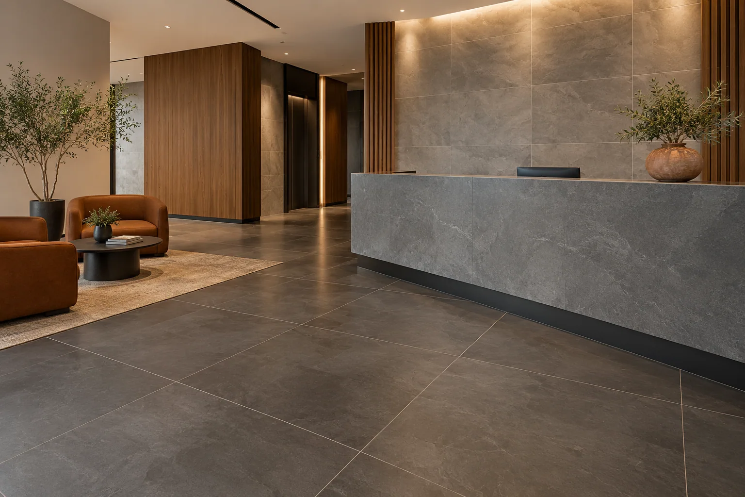 Azulejo comercial duradero de gran formato en una recepción moderna