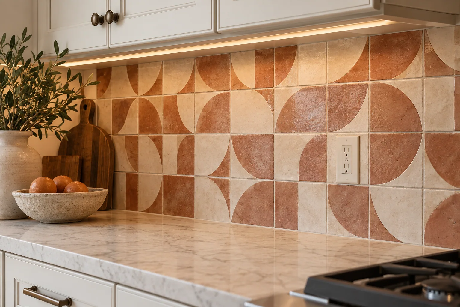 Salpicadero geométrico de cocina en tonos crema y terracota