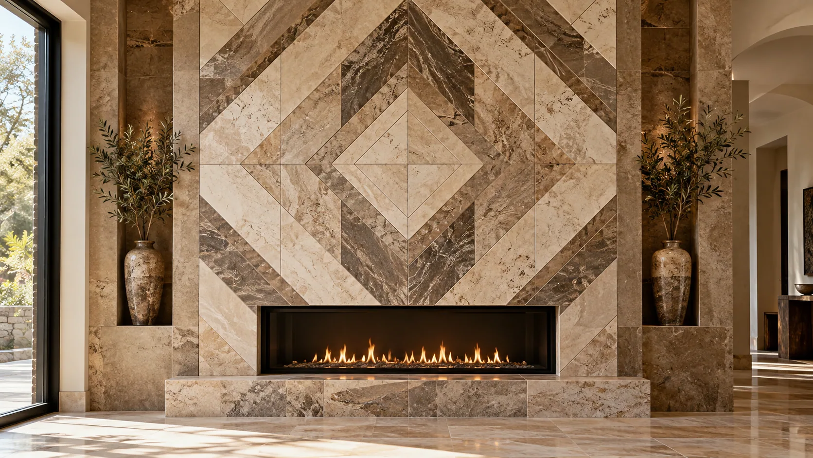 Muro decorativo de chimenea con piedra natural cortada en un patrón geométrico preciso